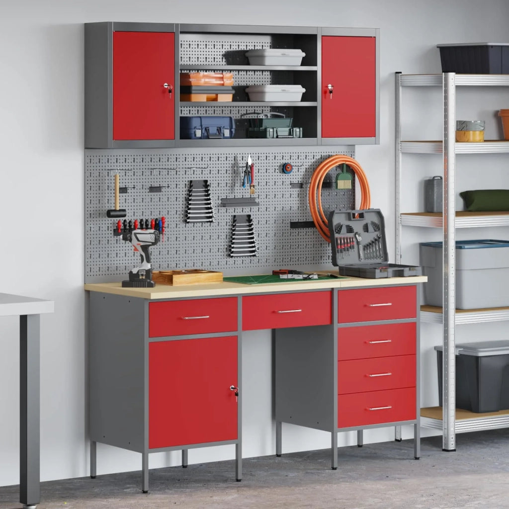 Mobile da lavoro 8 pcs Rosso Legno ingegnerizzato e acciaio 3321467