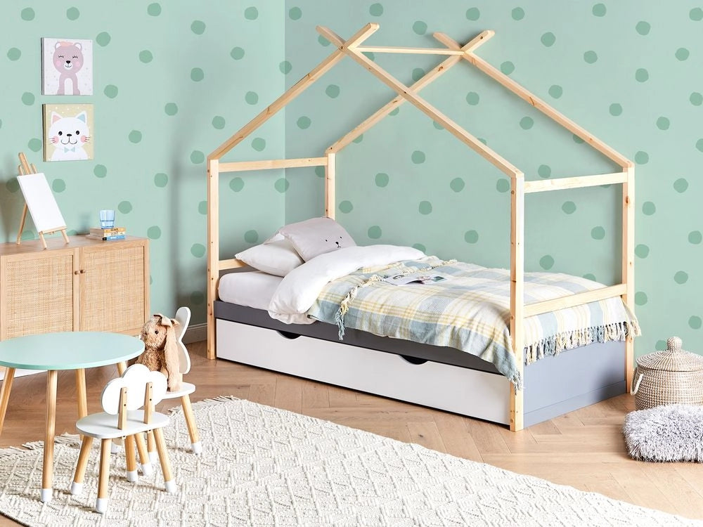 Letto per bambini in legno di pino grigio UE misura singola 90 x 200 cm con telaio a doghe cassetto contenitore letto per bambini piccoli