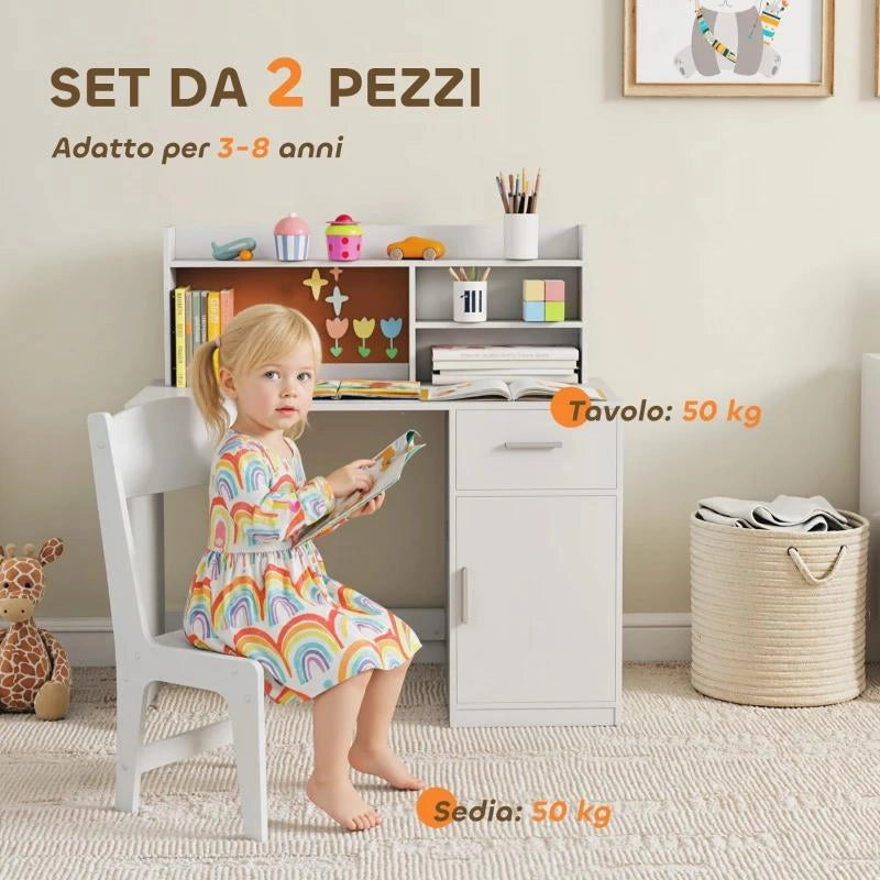 SCRIVANIA PER BAMBINI CON SCAFFALI, ARMADIETTO, CASSETTO E SEDIA PER BAMBINI ABBINATA IN MDF BIANCO