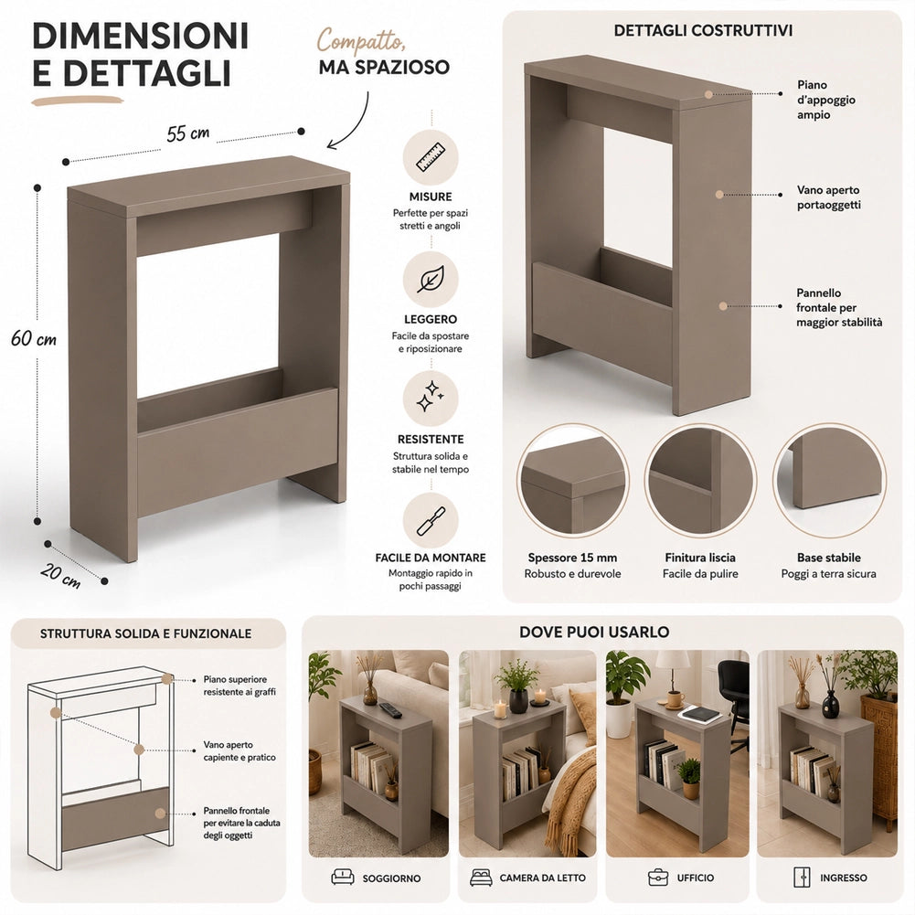 Tavolino Laterale Divano Moka Chiaro Tavolo Salvaspazio Multifunzione 55x20x60cm