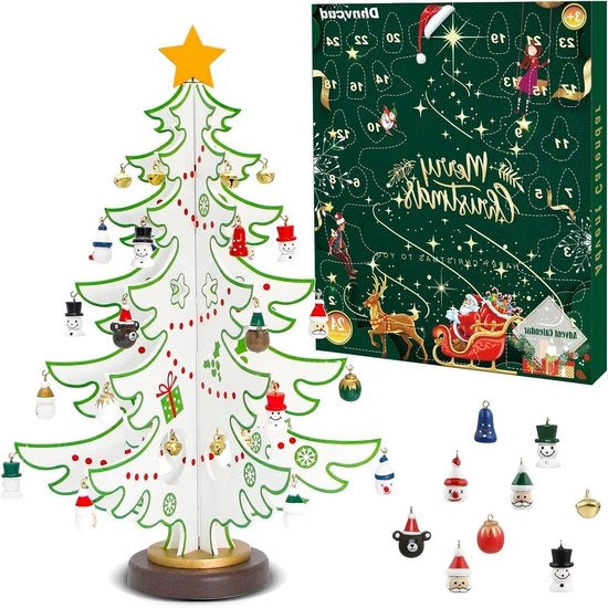 Calendario di Natale - Mini Abete in Legno per 24 Decorazioni e 12 Campanelli - Decorazione per la Tavola di Natale per Bambini - 258 x 355 x 258 cm