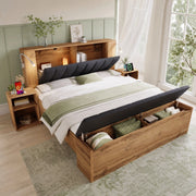 Letto matrimoniale 180x200 cm in legno con testiera reclinabile in lino; LED; USB; comodini e panca contenitore; colore rovere