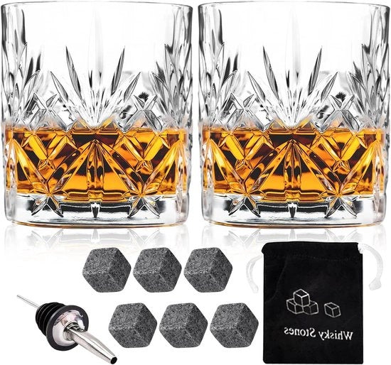 Set di bicchieri per whisky vintage da 2 - 300ml bicchieri di cristallo - liberi da piombo per bourbon, brandy, rum e cocktail - articoli da bar per casa e party - regalo per uomini
