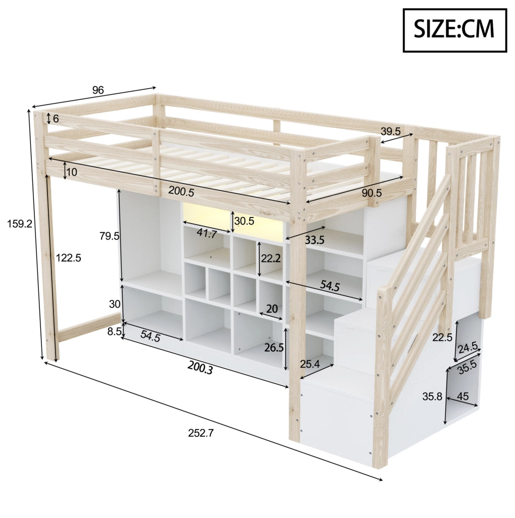 Letto a soppalco 90 x 200 cm con armadio, contenitori e illuminazione LED