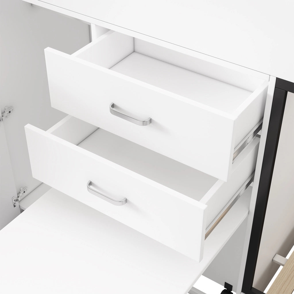 OKWISH Letto a Castello 90×200 cm, Letto Singolo con Scrivania Estraibile, Armadio, 2 Cassetti, Mensole e Scala, senza Materasso, Bianco Nero