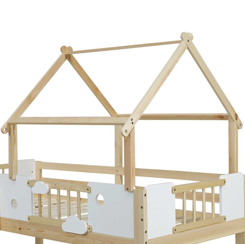 Letto a soppalco per bambini 90x200 cm con scala a tre gradini e tetto