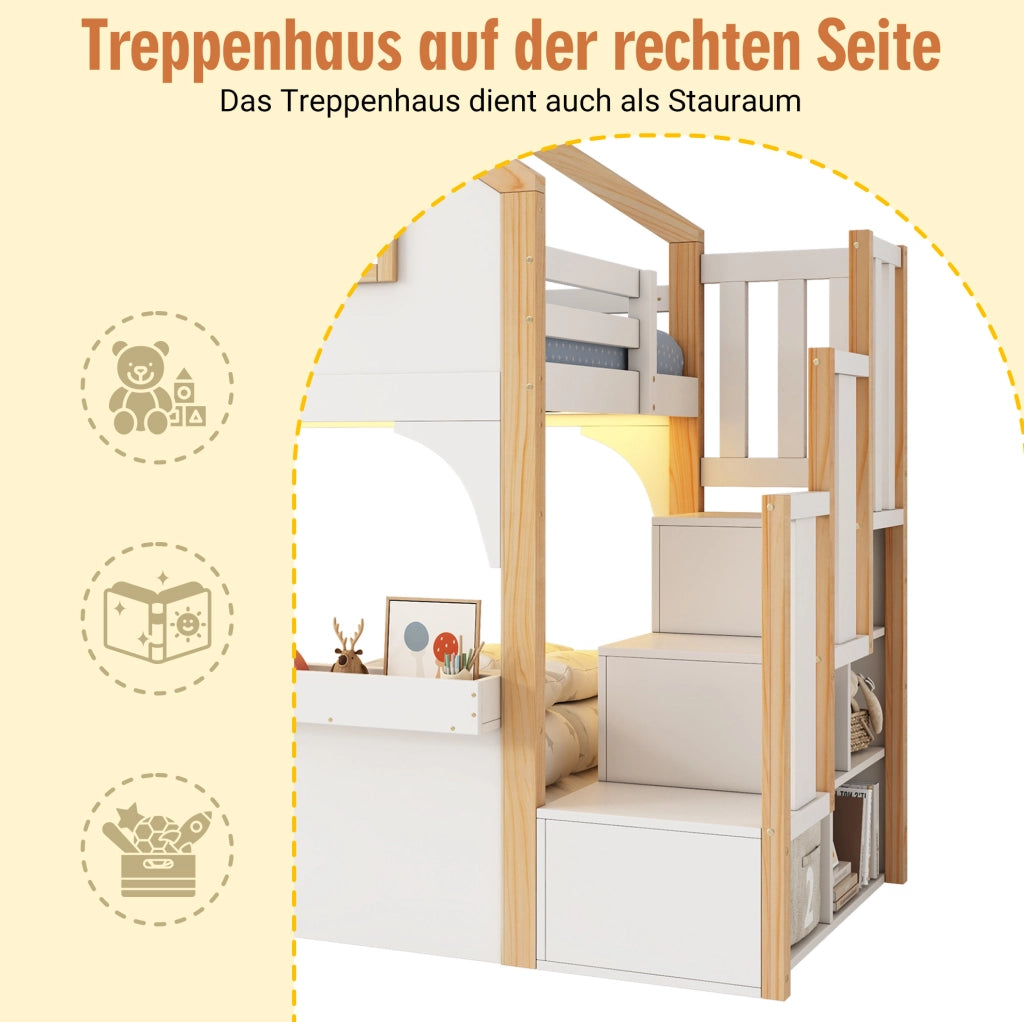 Letto a castello per bambini 90x200 cm con scala contenitore e LED