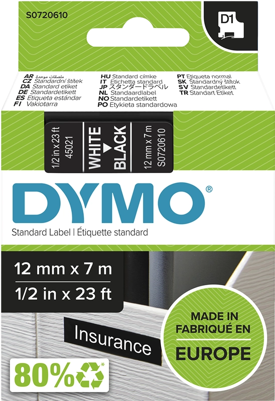 DYMO D1 etichette originali / stampa bianca su nero / 12 mm x 7 m / etichette autoadesive per etichettatrice LabelManager / 1 Pezzo