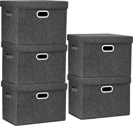 Scatole di archiviazione con coperchio, grandi, scatole di archiviazione con coperchio per armadio, camera da letto dei bambini, scatole di archiviazione per l'organizzazione della casa e dell'ufficio, 5 pezzi, nero