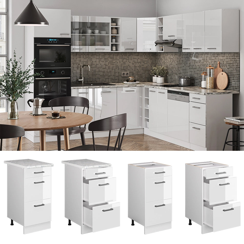 Vicco Mobiletto base per cucina Bianco lucido 40 cm con cassetti PL Marmo