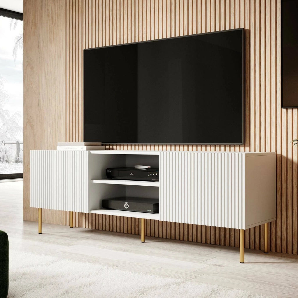 Mobile porta TV Magnano, Madia da salotto con quattro ante battenti, Rialzato da terra, 150x42 h52 cm, Bianco