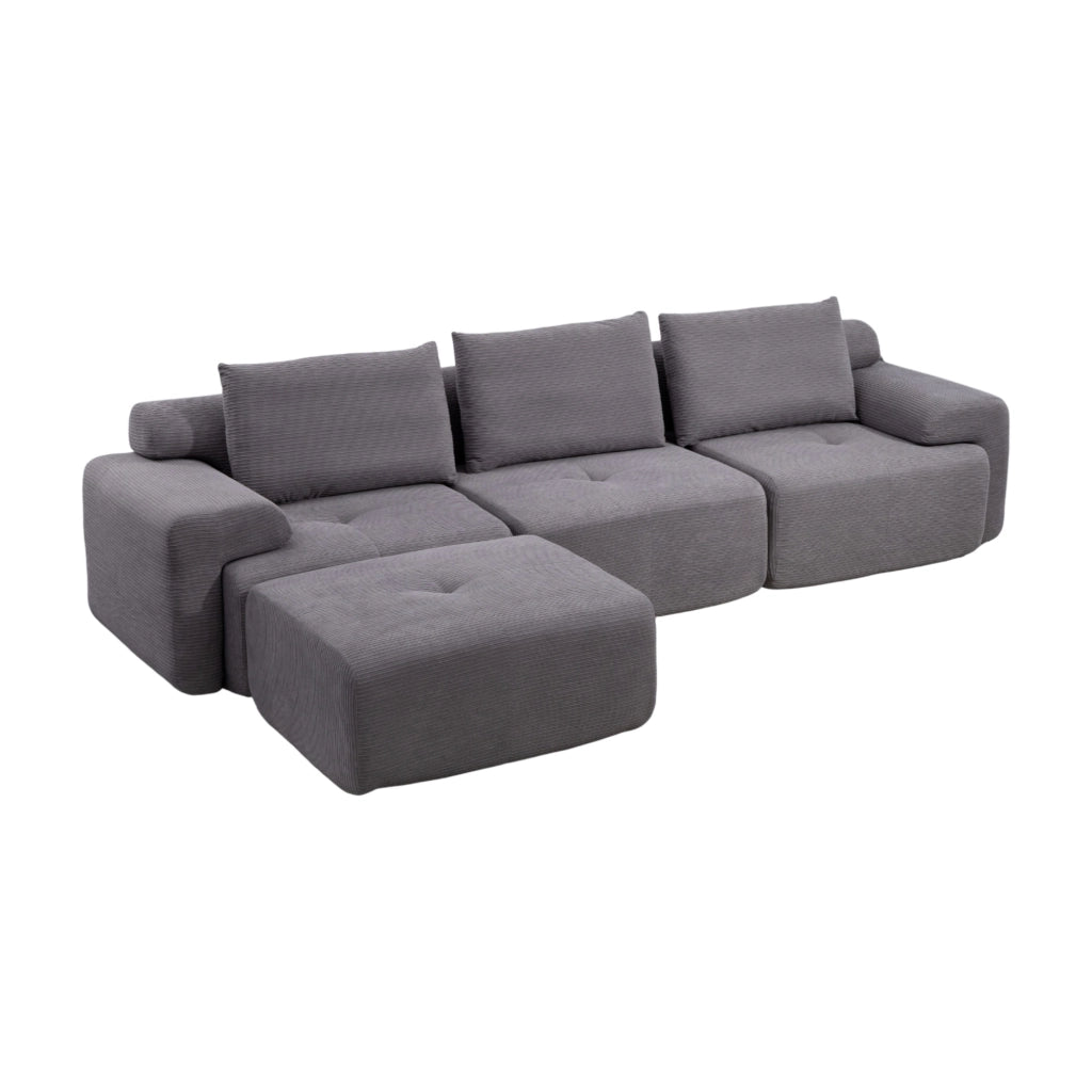 Divano angolare modulare con chaise longue e pouf mobile; design senza telaio in tessuto a coste - grigio scuro