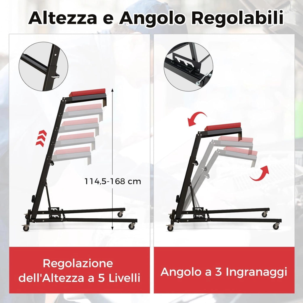 Creeper Pieghevole per Motore, Creeper per Motore Auto con Altezza Regolabile e Angolazione, 4 Ruote, Piattaforma Imbottita, Capacità Carico 180kg, per Garage e Officina di Riparazione