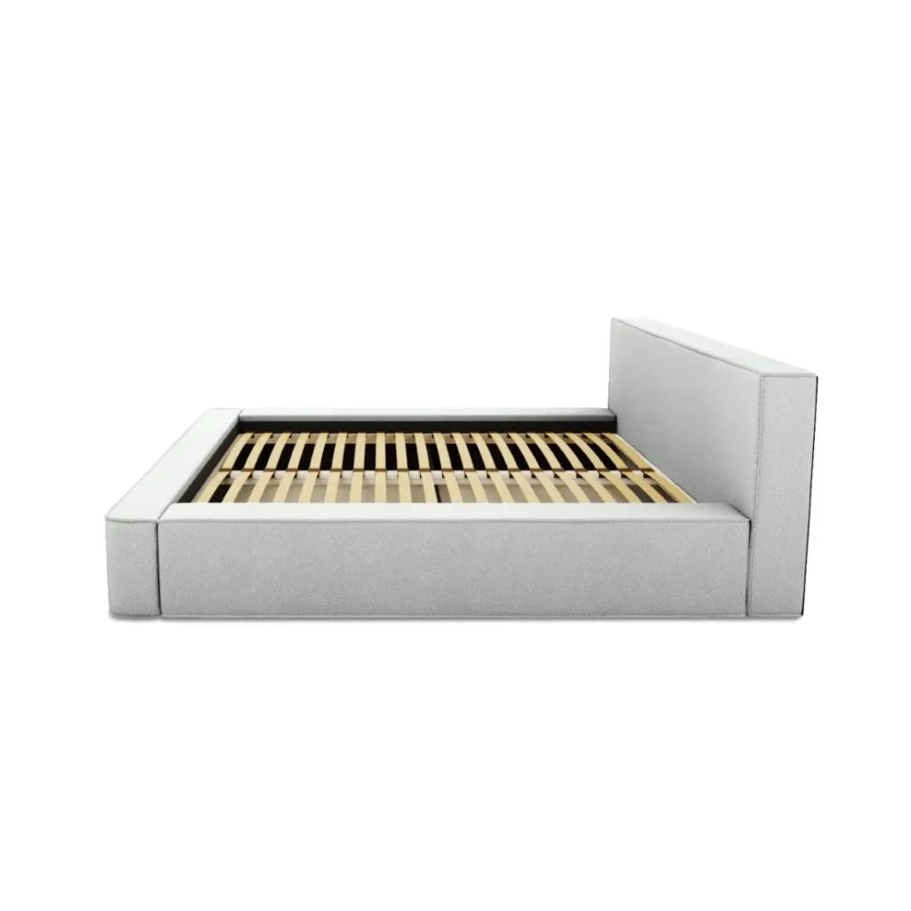 Letto contenitore VELORA – Bianco riccioluto – 180x200 cm – Tessuto effetto lana – Rete sollevabile – Contenitore integrato