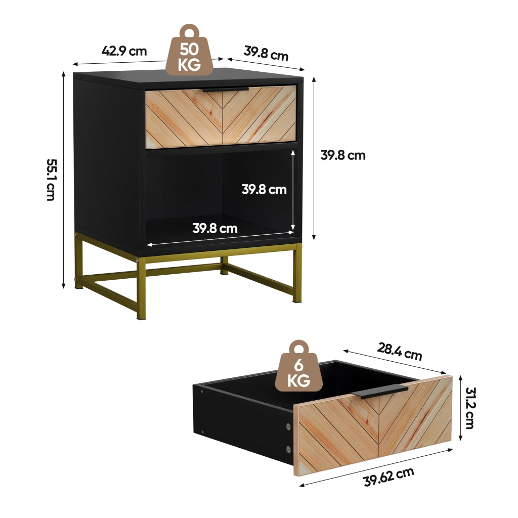 Comodino moderno in MDF con cassetto e ripiano aperto, 43x40x55 cm, colore nero