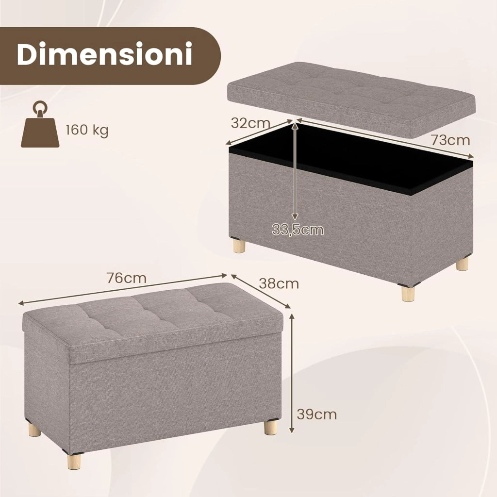 Panca Contenitore 78 L, Cassapanca Contenitore con Vassoio Reversibile e Gambe in Legno Massello, Panca Poggiapiedi Pieghevole in Tessuto di Lino per Soggiorno e Ingresso, 76 X 38 X 39 CM