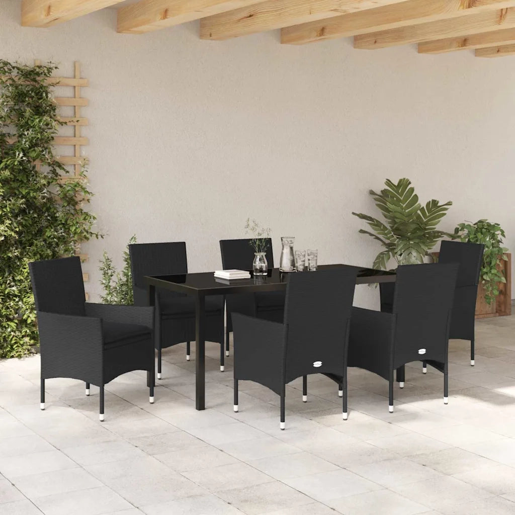 Set da Pranzo per Giardino con cuscino 7 pcs Nero polyrattan