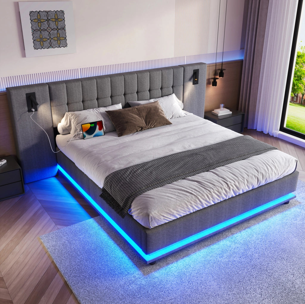Letto imbottito 180x200 cm con LED; spot e USB in lino grigio