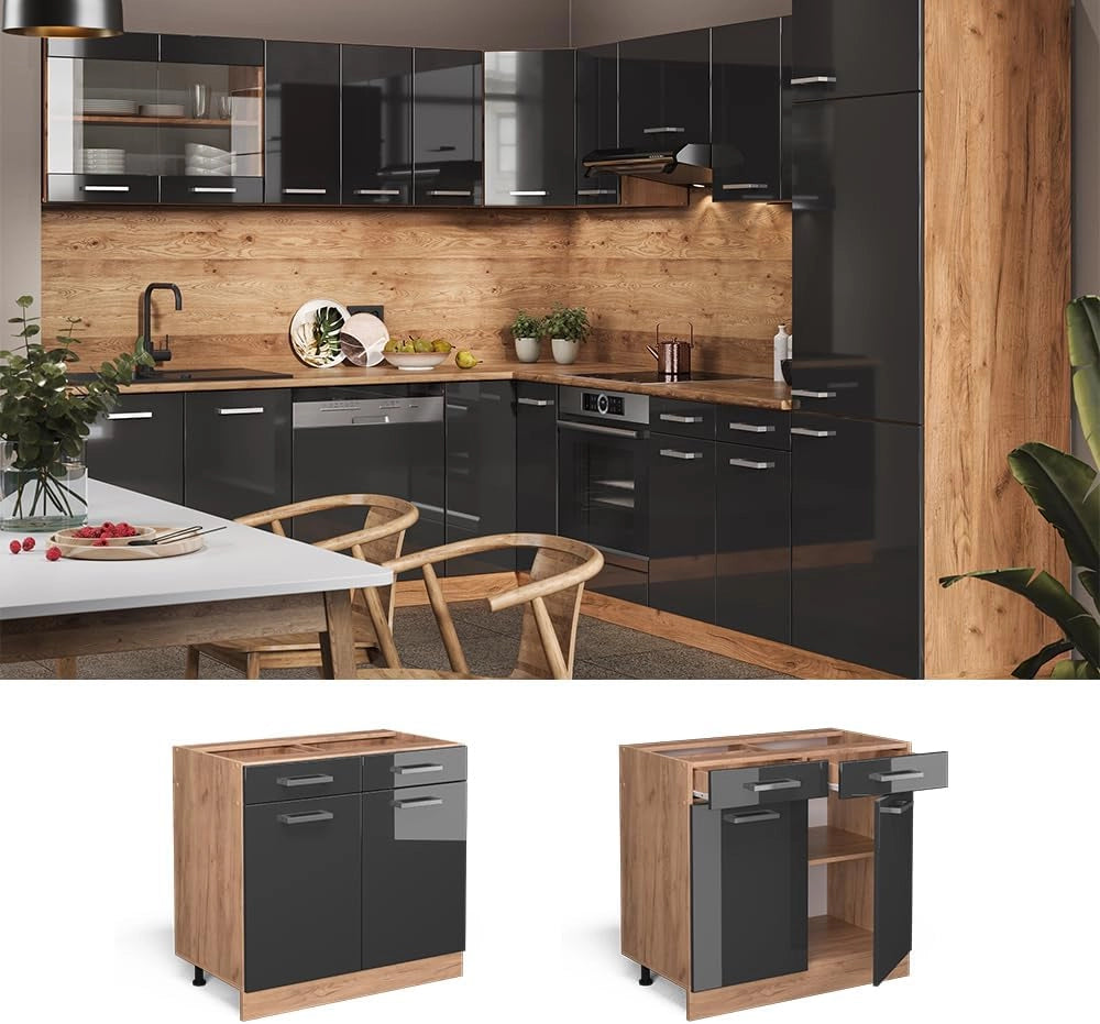 Mobiletto base per cucina R-Line, Antracite lucido, 80 cm senza piano di lavoro, per la libera combinazione all'interno di sistemi cucina modulari