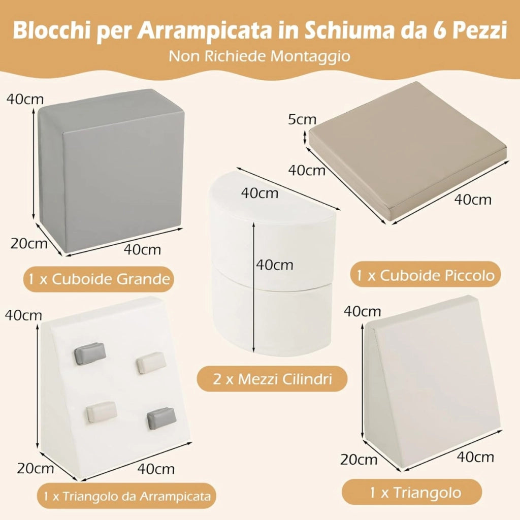 Set di blocchi da arrampicata in schiuma da 6 pezzi con chiusure a velcro-Giocattoli educativi per arrampicare e strisciare Bianco+Grigio