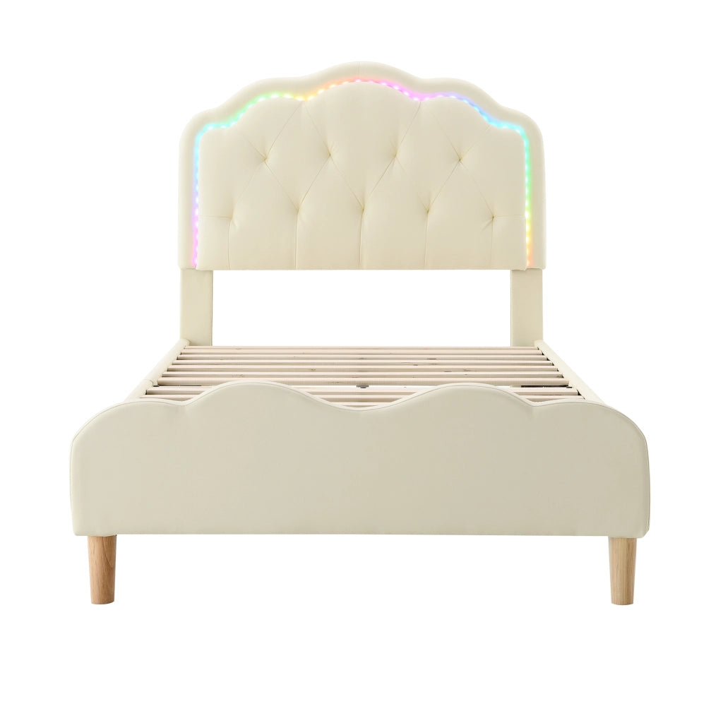 Letto per Bambini Letto Singolo con LED Multicolore e Testiera Ondulata 90×200 cm; senza Materasso; PU; Beige