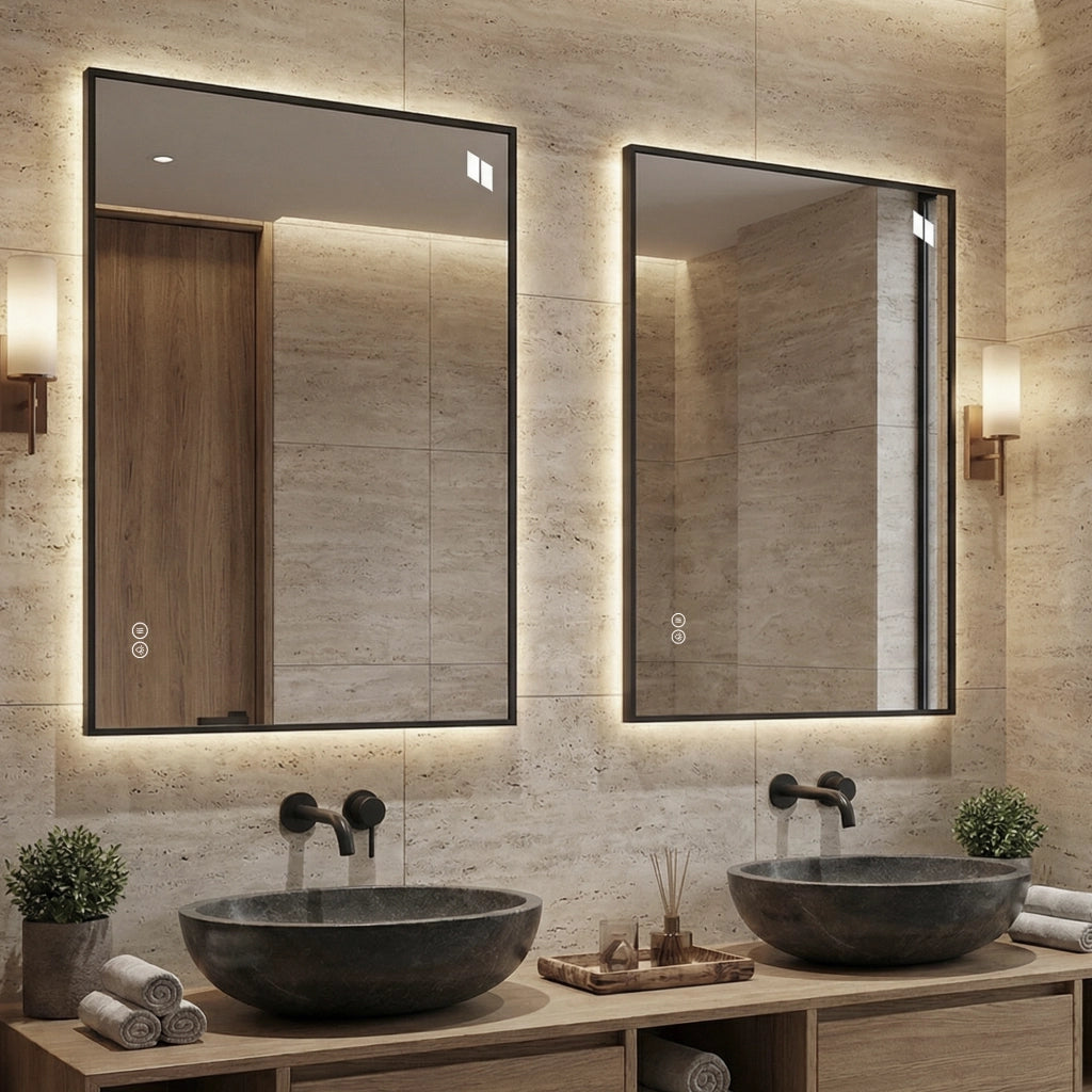 Specchio LED da bagno 70x90 cm con cornice in alluminio, antiappannamento, 3 colori luce