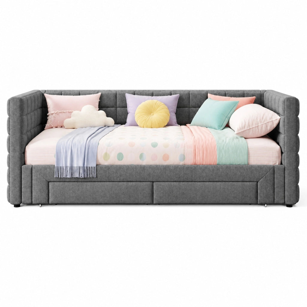 Daybed estraibile 90x200 cm in velluto grigio con 2 cassetti e schienale quadrato