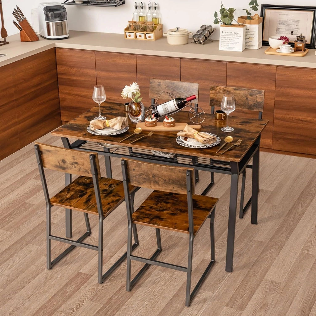 Set da Tavolo e Sedie da Pranzo, Tavolo da Pranzo con 4 Sedie Industriale, Set 5 Pezzi Mobili con Mensola Portaoggetti e Telaio in Metallo, per Cucina Sala da Pranzo, 110 x 70 cm (Marrone)