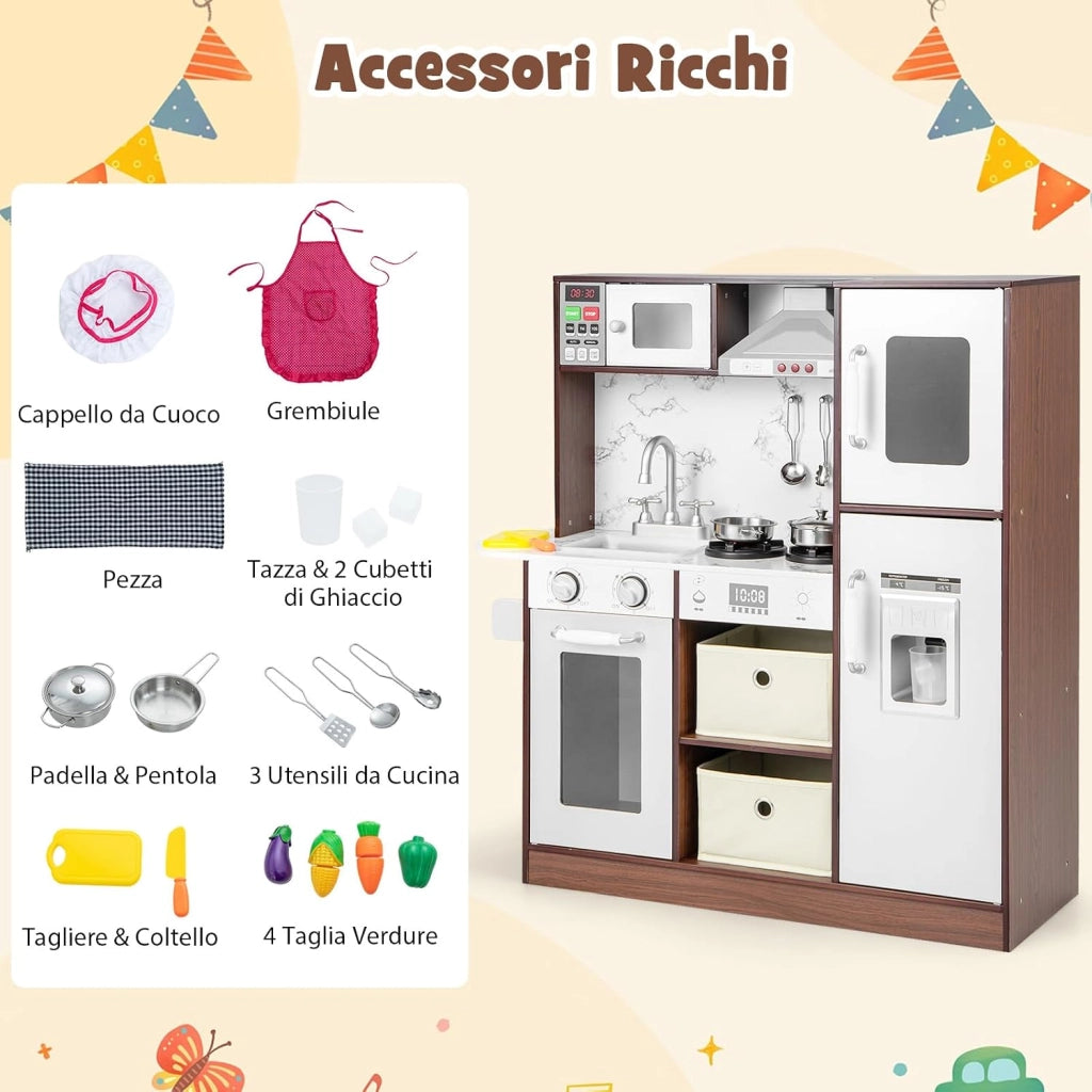 Cucina Giocattolo per Bambini, Cucina Legno per Bambini con Frigorifero, Macchina del Ghiaccio, Forno, Microonde, Lavello e Rubinetto, Funzione Luci e Suoni, per Bambini 3 Anni+