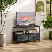 MOBILE PORTA TV DA 47" CON CASSETTI PIEGHEVOLI IN TESSUTO E MENSOLA IN METALLO E MDF, 98X29X56 CM, NERO