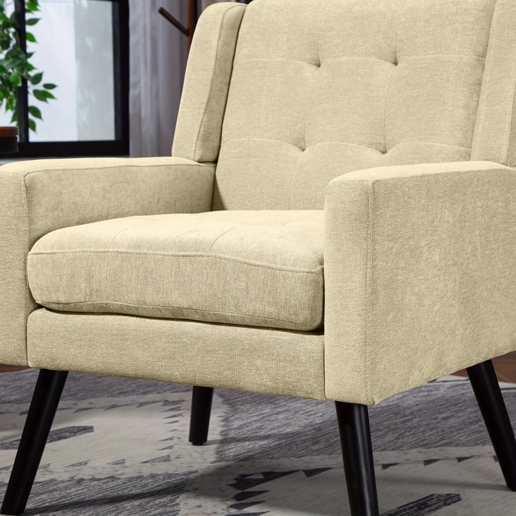 POLTRONA Imbottita in lino beige con gambe in legno massello