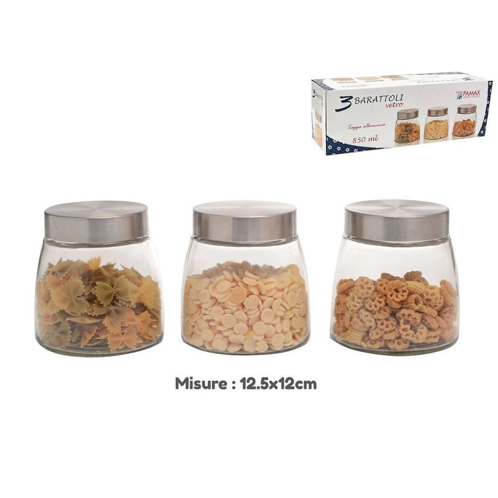 Trade Shop - Set 3 Tris Barattoli Con Coperchio Vetro Contenitori Pasta Biscotti 850ml 747646 -