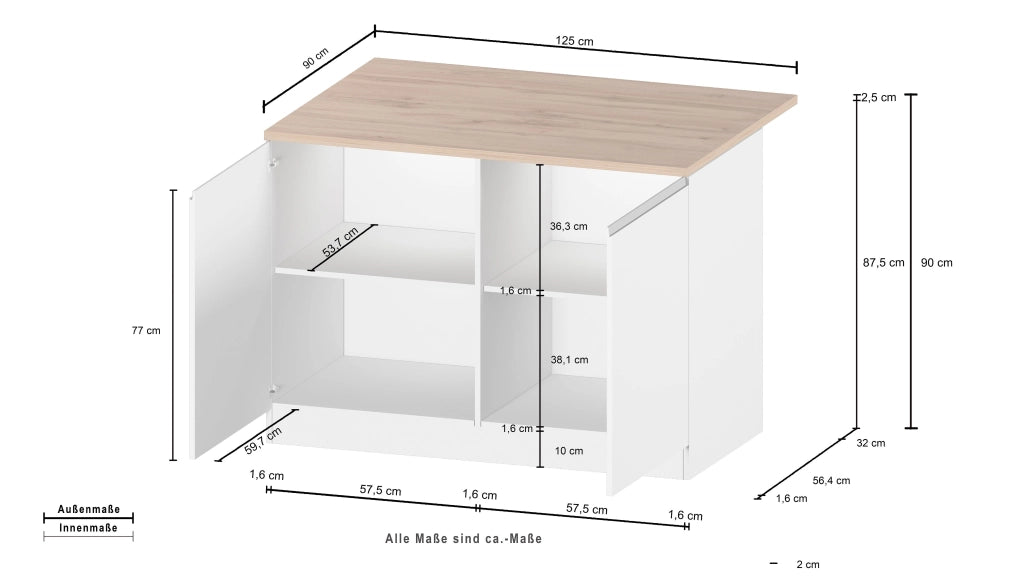 Isola Cucina SOLE 2 Ante – Bianco/Report, 125x90x90 cm, Made in Italy