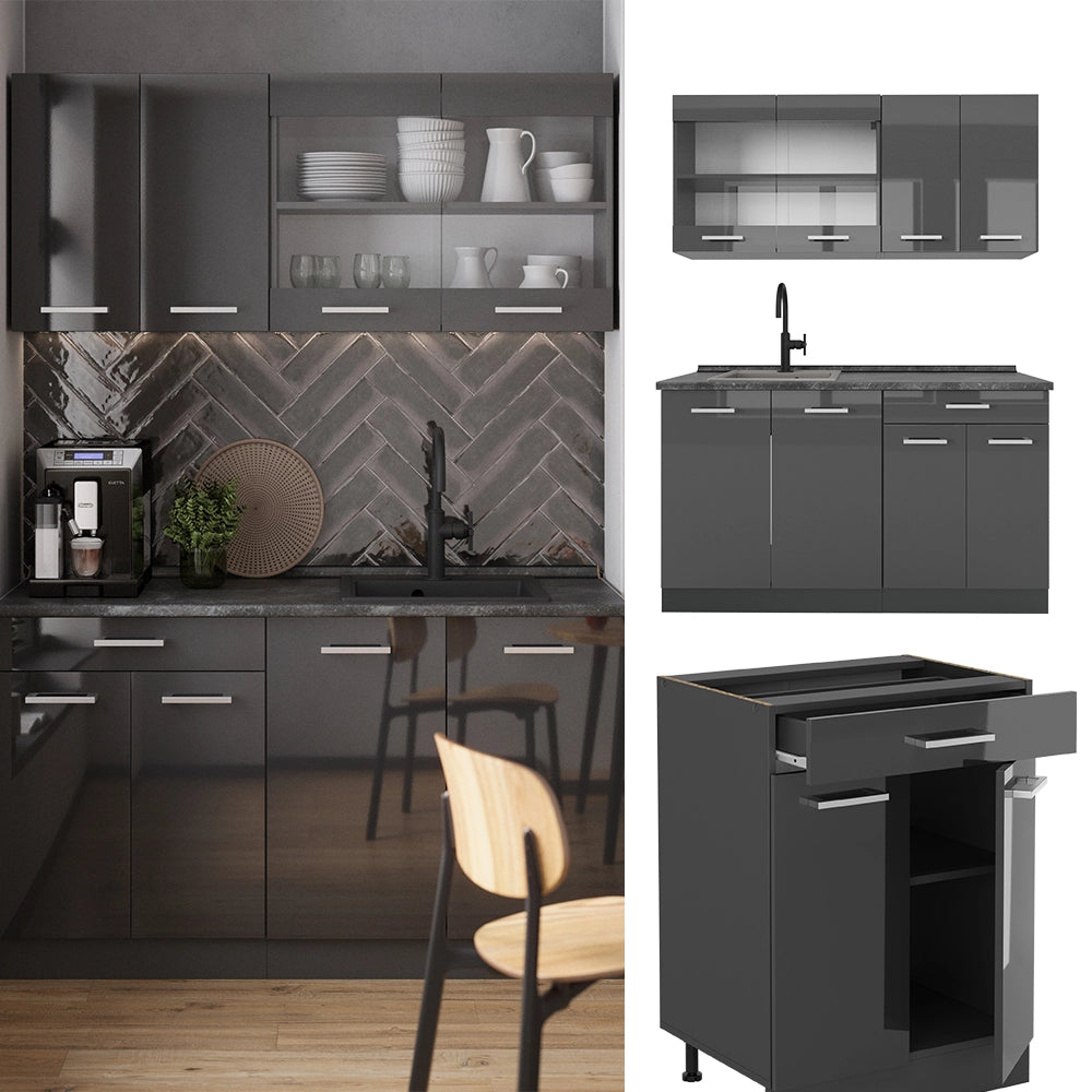 Cucina completa R-Line Antracite lucido/Antracite 140 cm senza piano di lavoro Vicco