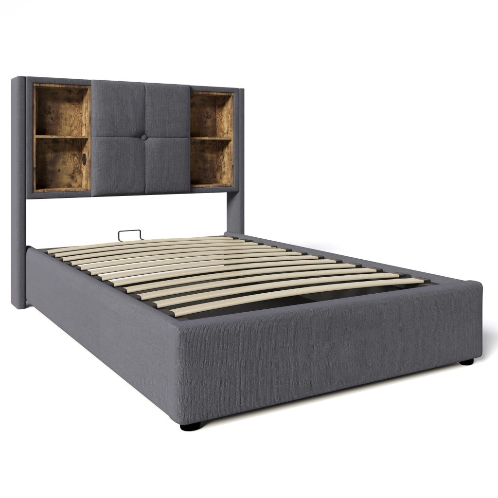 Letto singolo imbottito 90x200 cm con ricarica wireless, USB-C, contenitore e materasso incluso, grigio
