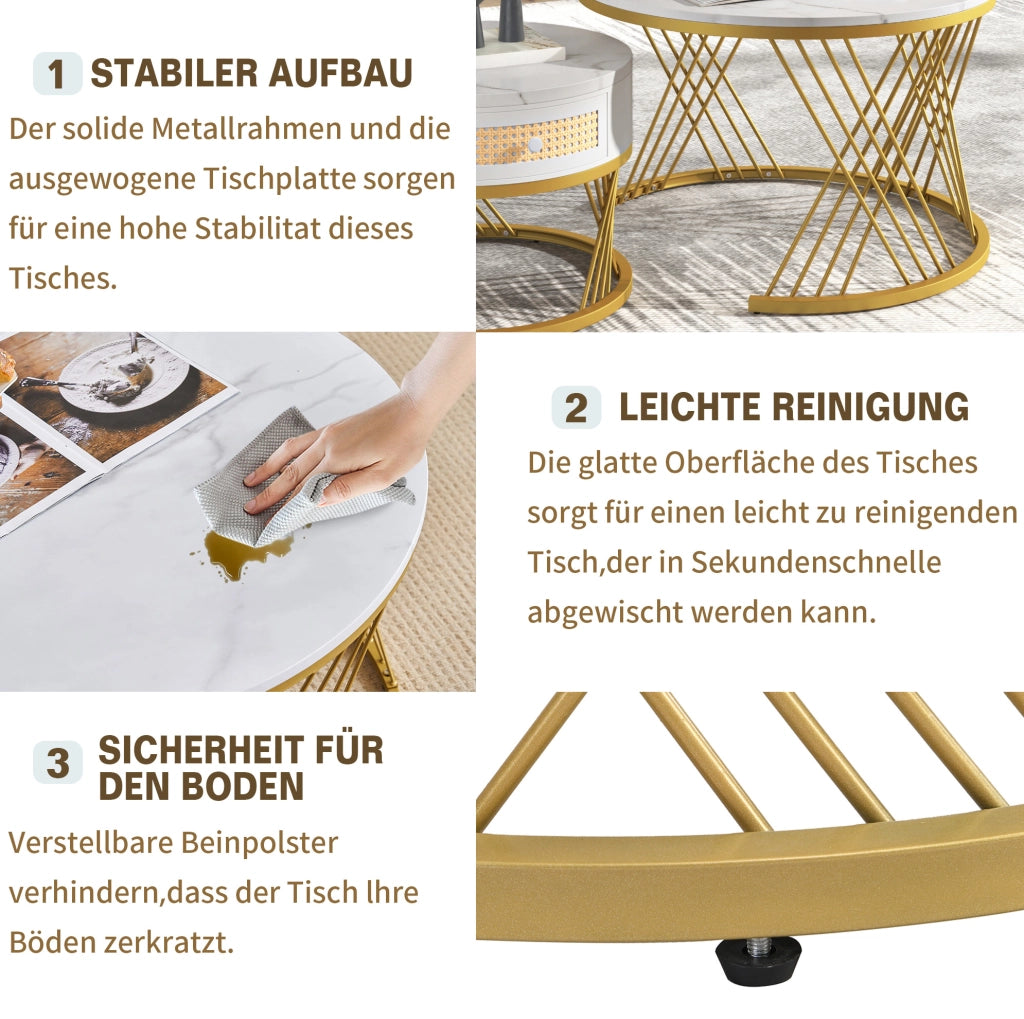 Set di 2 tavolini rotondi MDF bianco e oro con cassetto