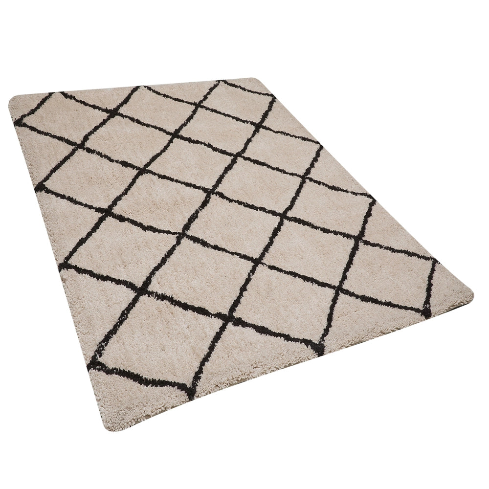 Tappeto tappetino Tappeto Tessuto Beige e Nero Shaggy Motivo Geometrico Rettangolare 160 x 230 cm