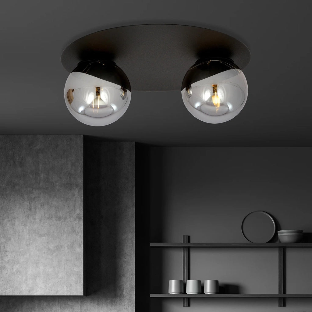 Plafoniera Minimal 2 Luci Mnemosine In Acciaio Nero E Sfere Di Vetro Fumè