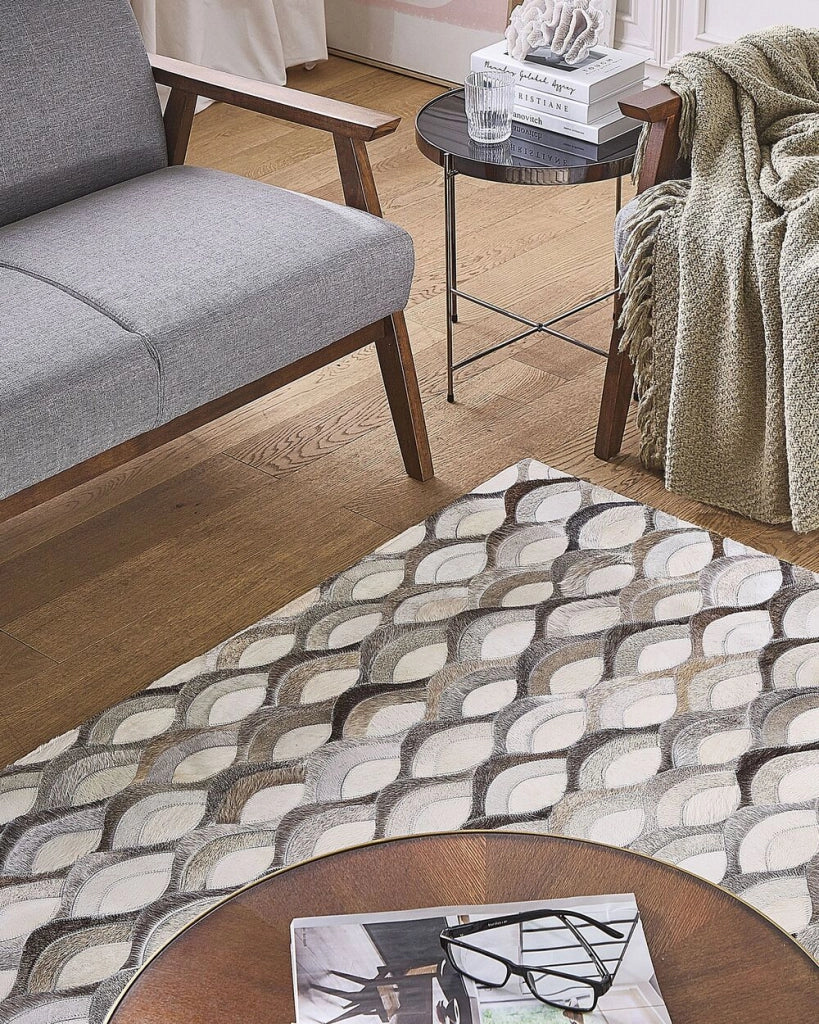 Tappeto tappetino Pelle Bovina Beige e Marrone 140 x 200 cm Motivo Patchwork Intreccio Retro