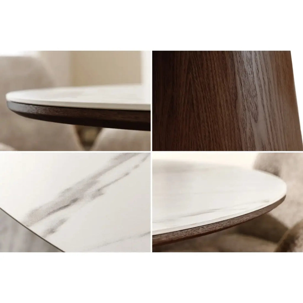 Tavolo da pranzo LUMEA – Rotondo 120 cm – Piano in ceramica effetto marmo bianco – Piede in legno massiccio – Stile contemporaneo