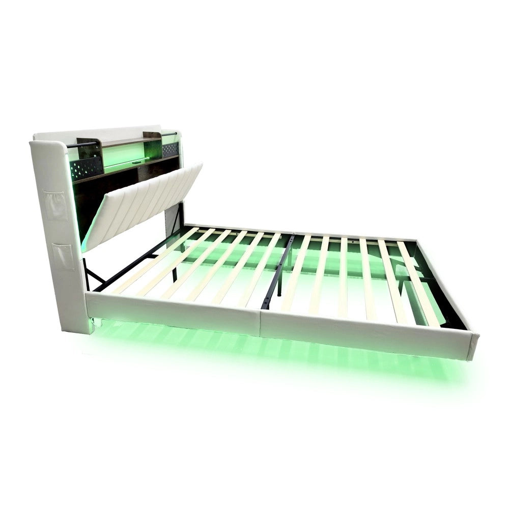 Letto Imbottito con LED e USB ¨C MINIMAL ¨C Testiera con Contenitore, Tessuto Beige, 140x200