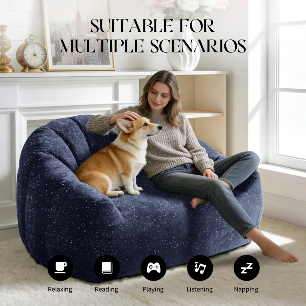 Pouf poltrona sacco con seduta ampia design ergonomico per soggiorno camera da letto e zona relax in flanella blu
