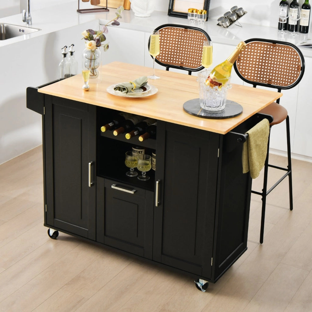 Carrello cucina isola con piano ribaltabile e 4 ruote girevoli, Isola cucina con cassetto profondo portabottiglie Nero-Carrelli