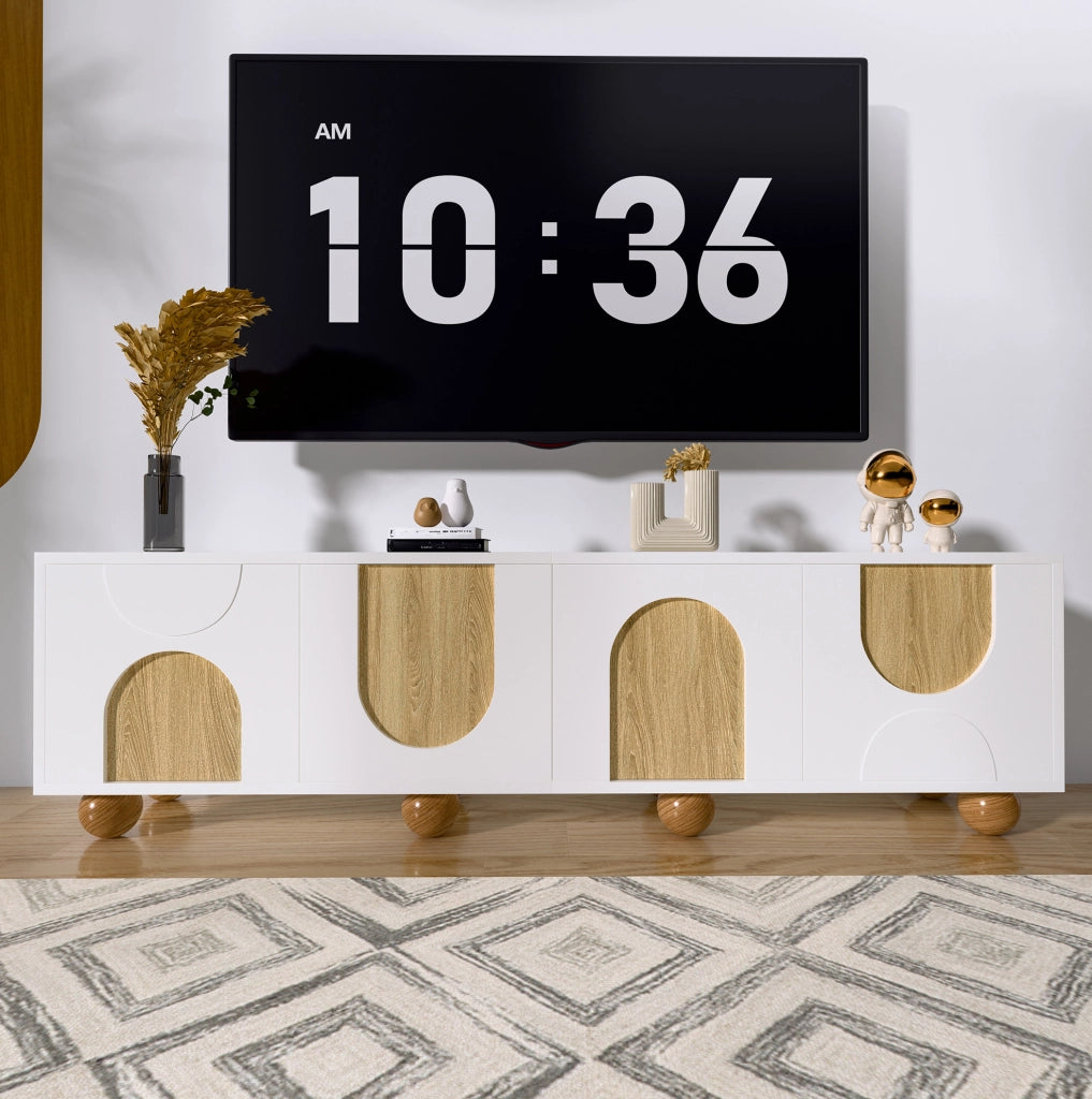 Mobile TV 175x38x50 cm con quattro vani; gambe rotonde in legno; MDF; naturale e bianco