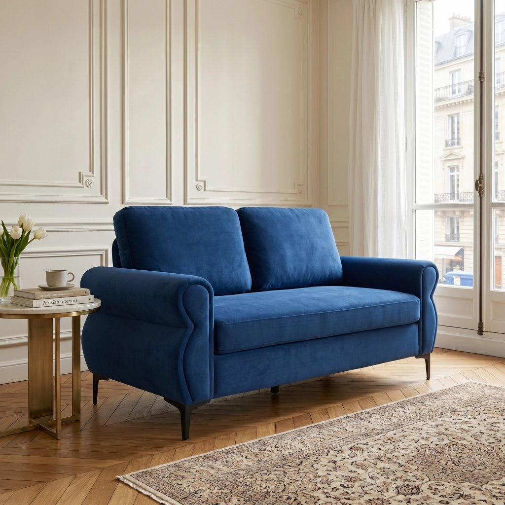 Divano lineare 3 posti con seduta ergonomica e braccioli, in tessuto, metallo e schiuma, Blu 173,5 cm