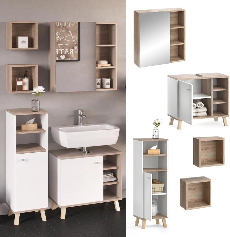 Set mobili bagno Senyo, Bianco, 62 cm, composto da armadietto a specchio, base lavabo, armadio medio e 2 scaffali bagno