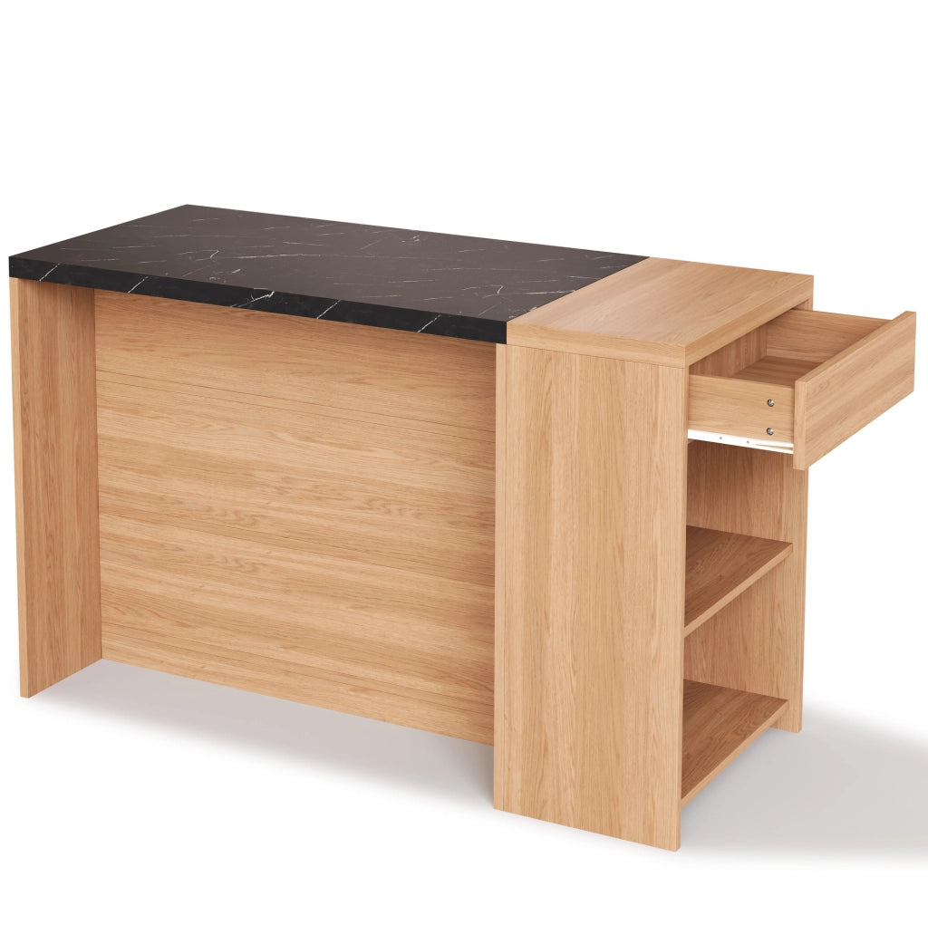 Isola cucina 140x60x90 cm con ampio spazio contenitivo; piano robusto in MDF nero e naturale