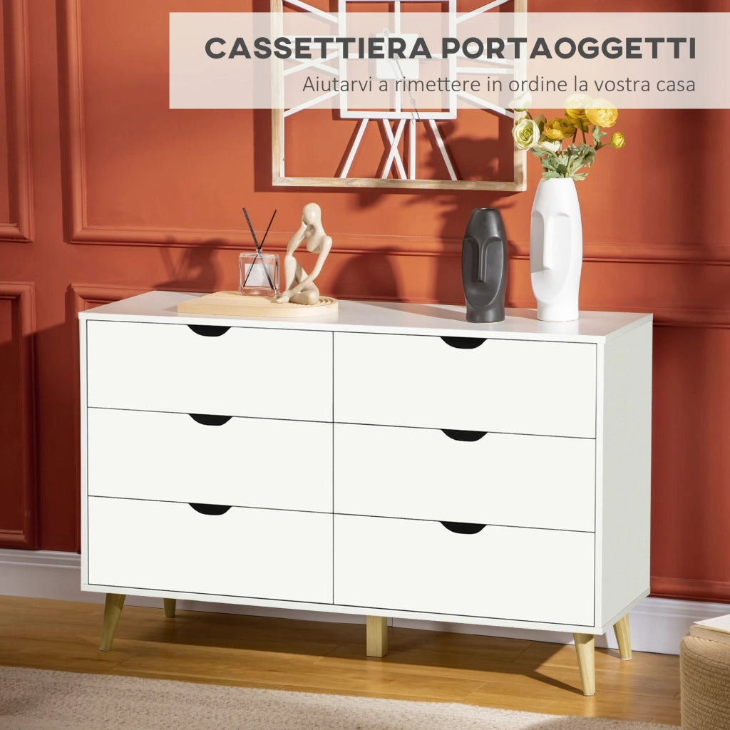 Cassettiera 6 Cassetti con Maniglie Laminate 120x40x76 cm in Legno di Pino Bianca e color Legno
