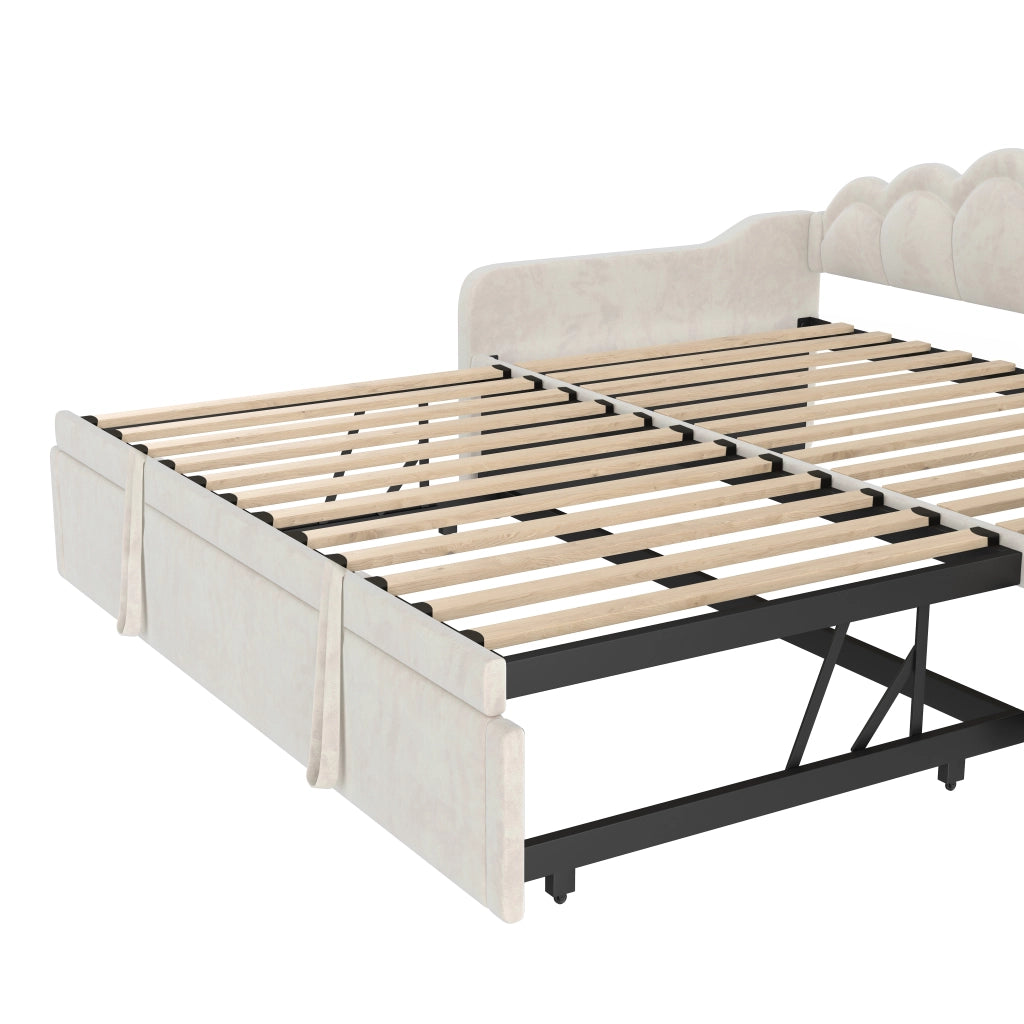 Letto estraibile singolo 90×200 cm e 180×200 cm con LED regolabile; senza materasso; velluto; beige