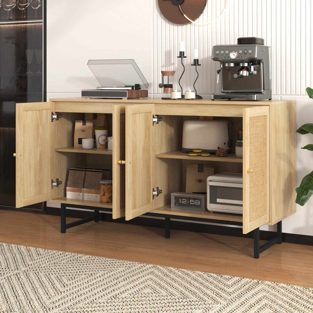 Madia con 4 Ante e Ripiani Regolabili; Rattan Naturale; Stile Moderno; in Pannello Truciolare; 140??39;5??80 cm; Legno